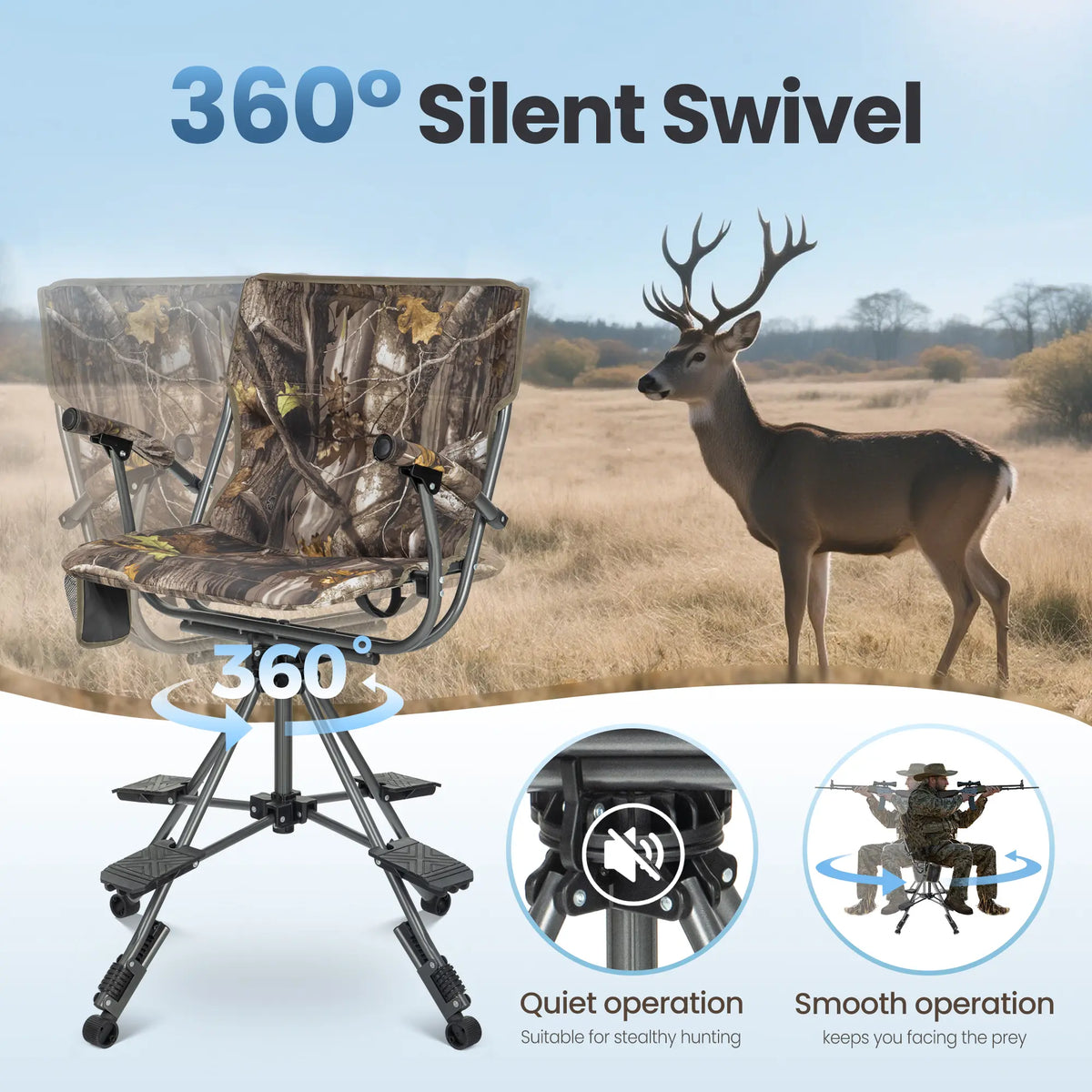 Folding Hunting Chair – Whisper-Quiet 360° Swivel, 330 lb Capacity, All-Terrain Stability